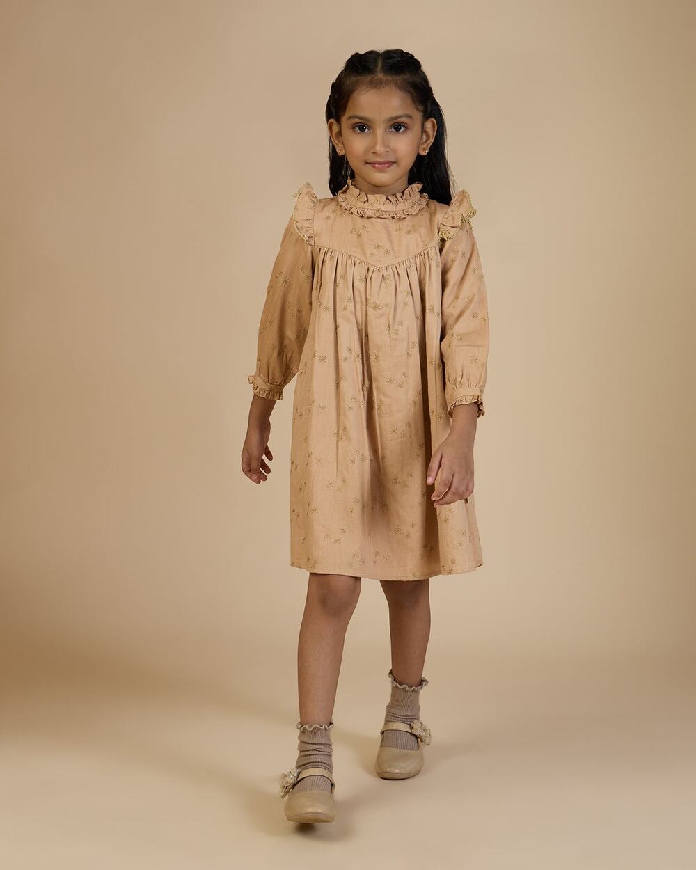 NWT Early Sunday Louise Dress Girls Beige Gold Embroidery 4Y $72 Cotton Satin